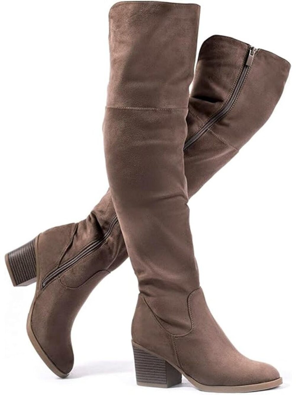 Women's Khaki Sexy Stacked Block Heel Comfortable Side Zipper Over the Knee Boot